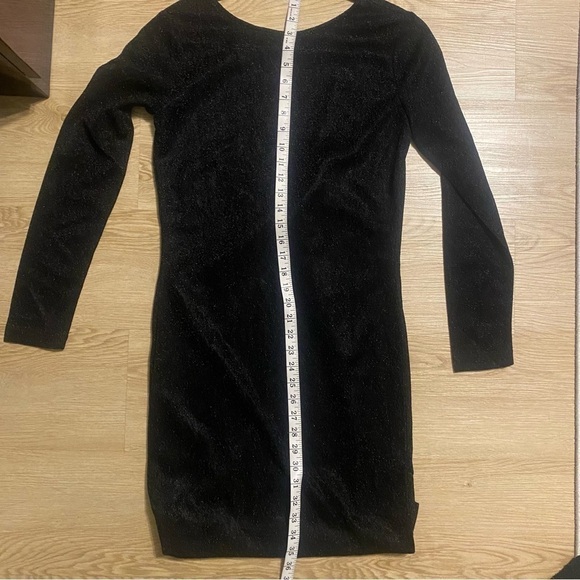 Evening Luxe Moves Black Glitter Midi Dress Sheer Sleeves & Deep V-Back Large - Picture 5 of 8